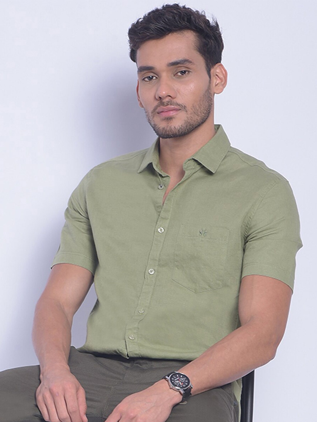 

Crimsoune Club Smart Slim Fit Cotton Linen Casual Shirt, Olive