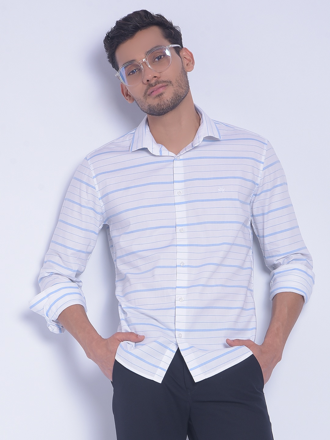 

Crimsoune Club Smart Slim Fit Horizontal Stripes Striped Pure Cotton Casual Shirt, White