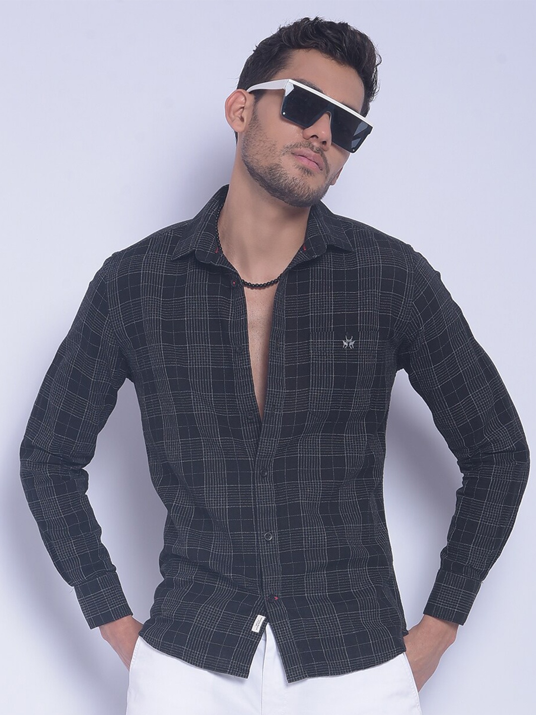 

Crimsoune Club Smart Slim Fit Checked Pure Cotton Casual Shirt, Black