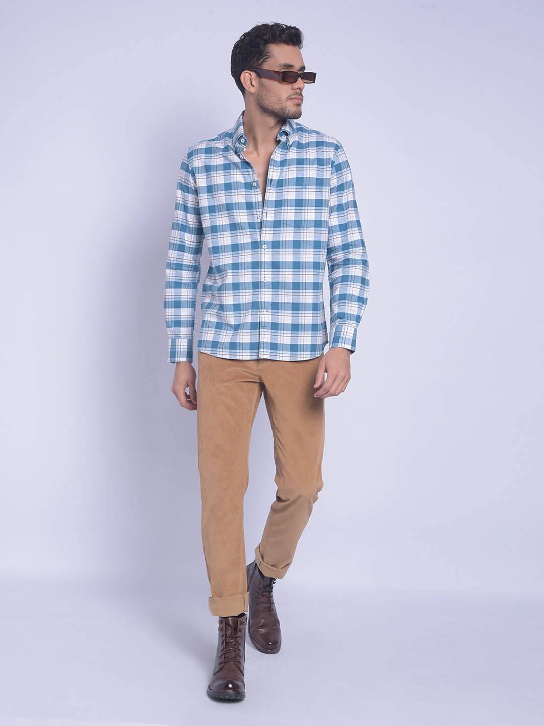 

Crimsoune Club Smart Slim Fit Gingham Checked Pure Cotton Casual Shirt, Blue