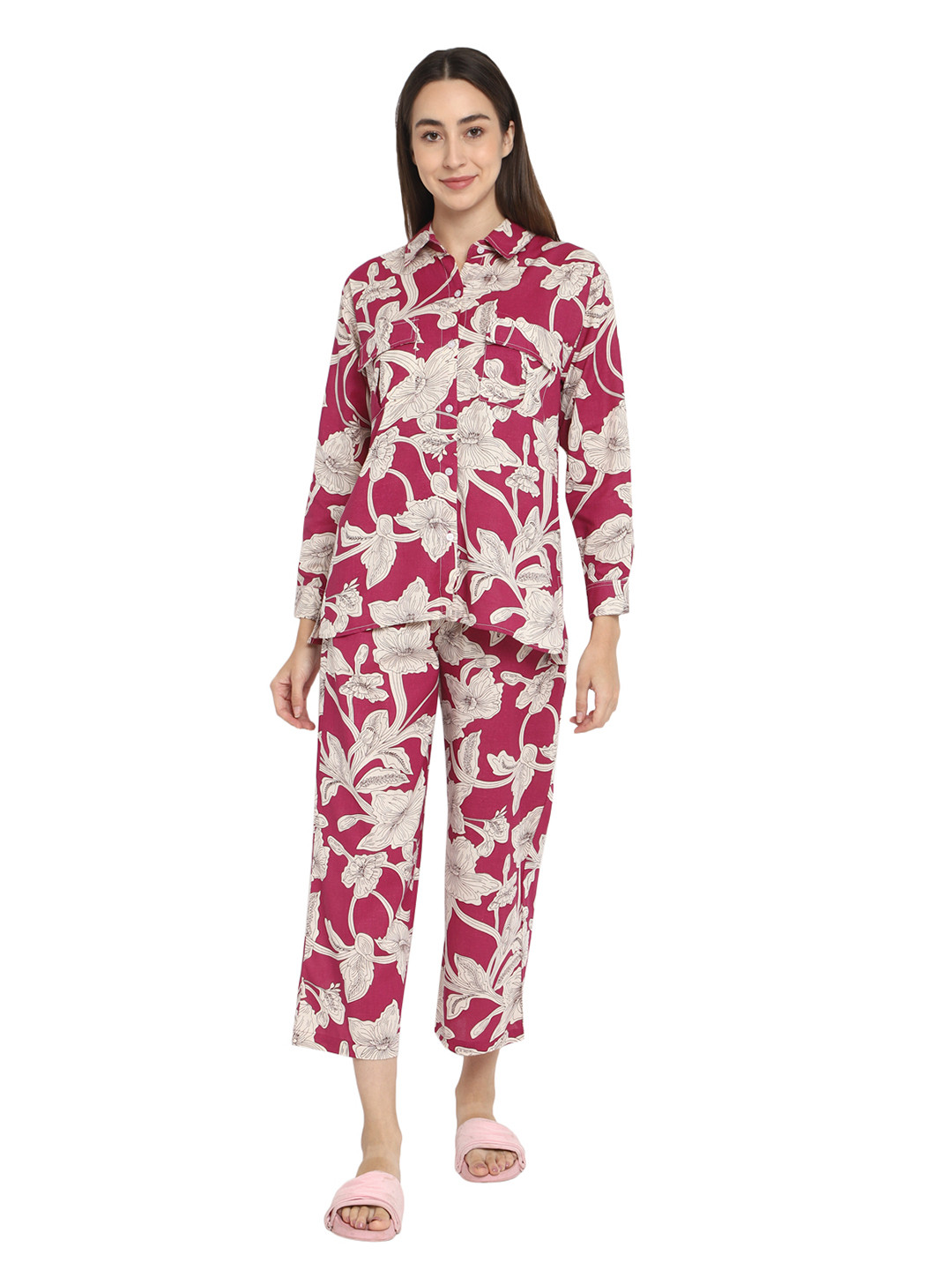 

shopbloom Floral Printed Pure Cotton Shirt With Trouser, Magenta