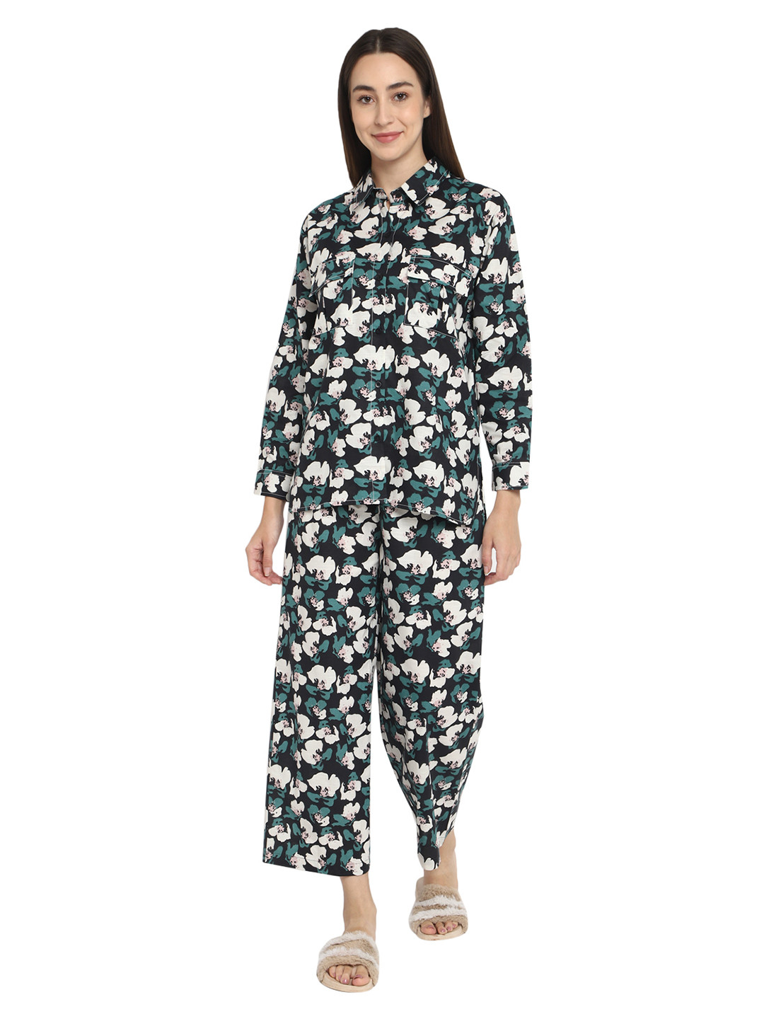 

shopbloom Floral Printed Pure Cotton Shirt With Trouser, Green
