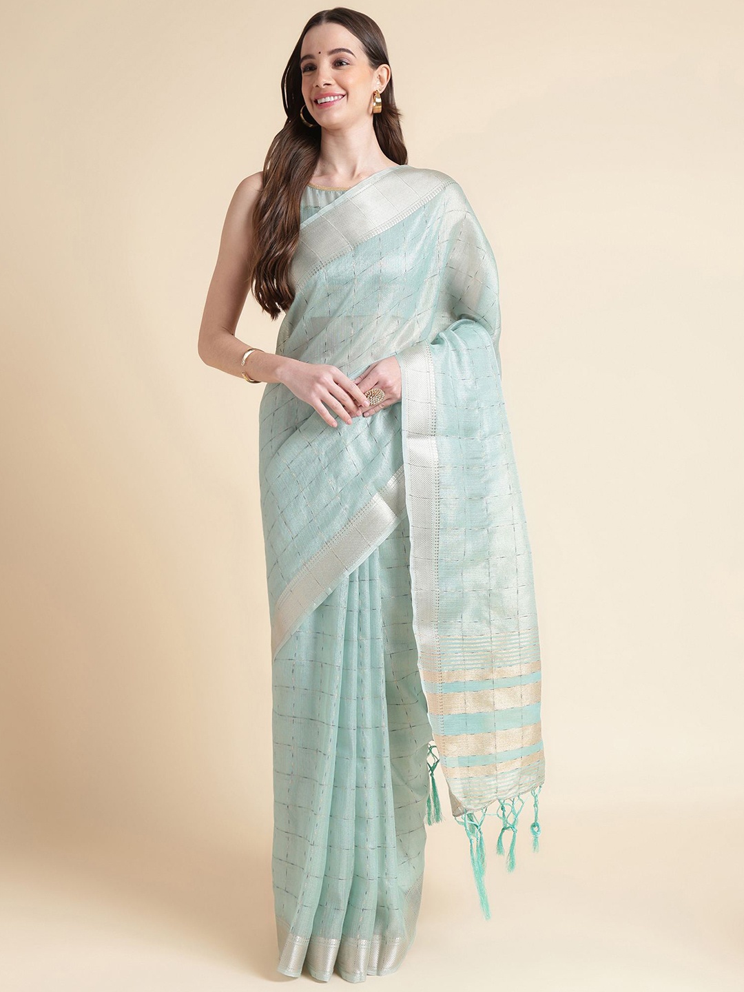 

Mitera Checked Zari Organza Saree, Teal