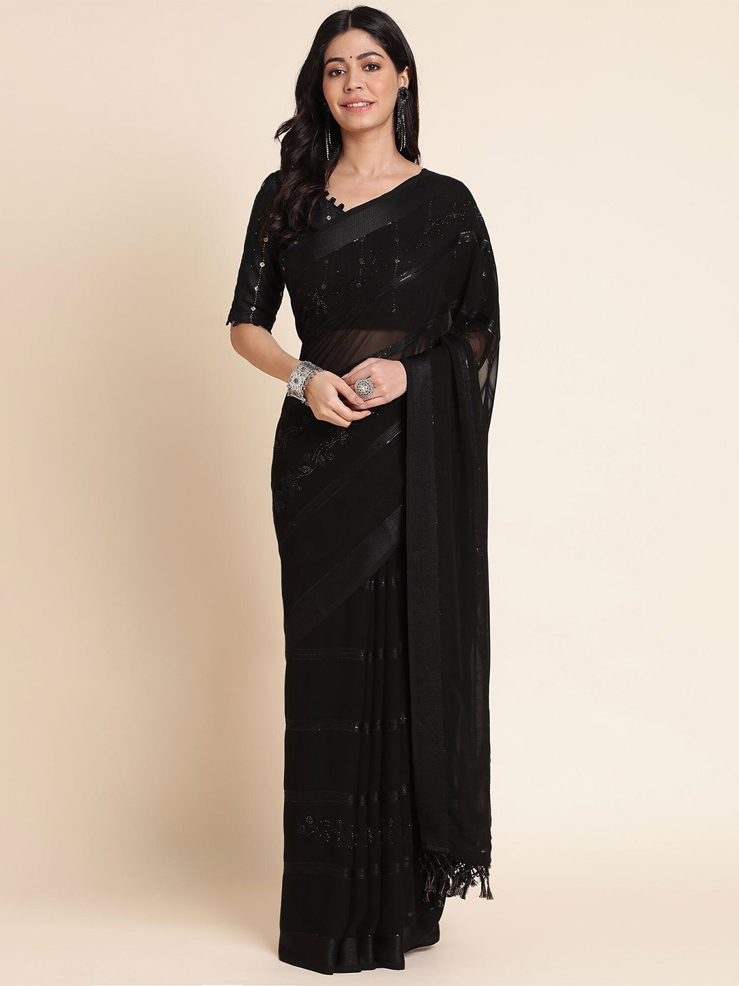 

Mitera Black Striped Woven Design Beads and Stones Pure Georgette Saree