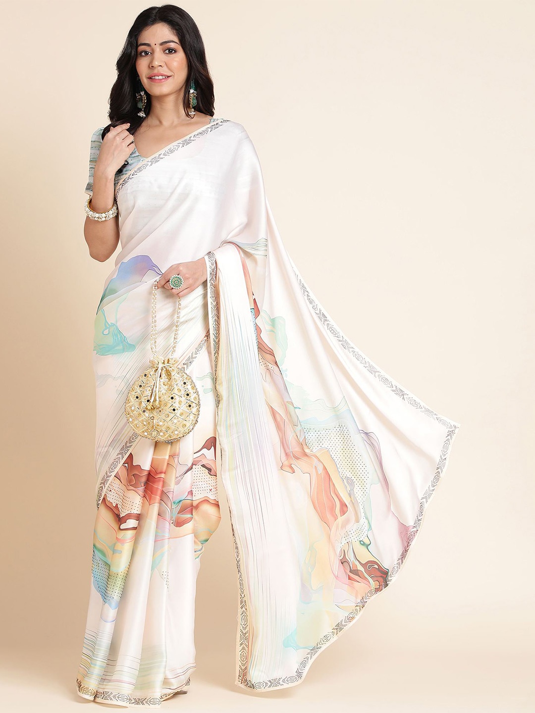 

Mitera Peach & Blue Abstract Digital Printed Beads and Stones Saree