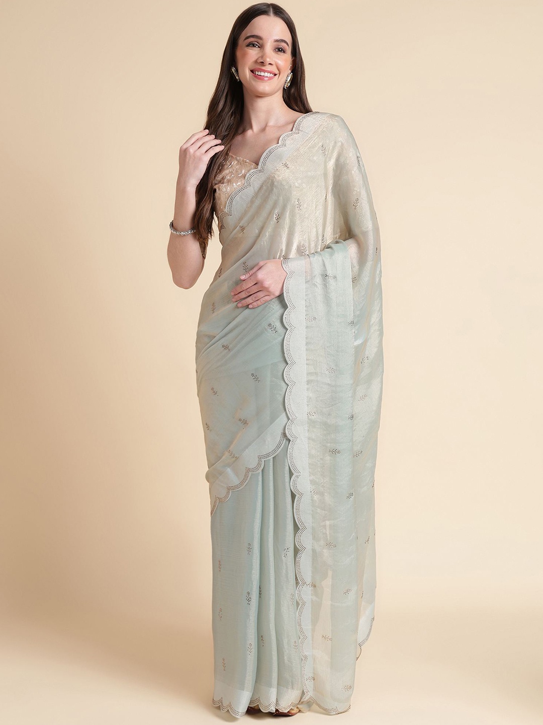 

Mitera Embellished Beads and Stones Pure Chiffon Saree, Green