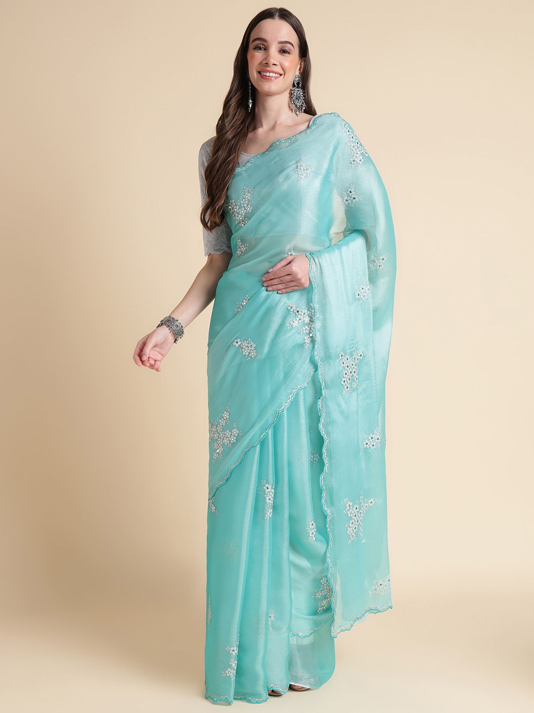 

Mitera Floral Sequinned Organza Saree, Blue