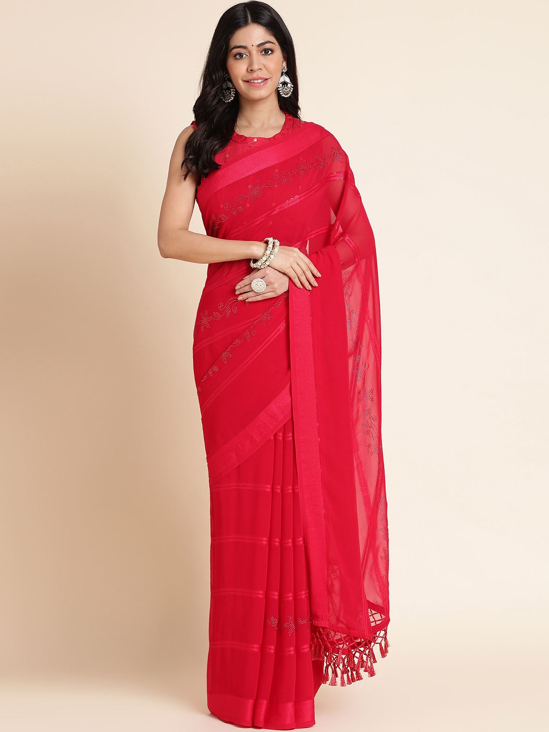 

Mitera Embellished Beads and Stones Pure Georgette Saree, Pink