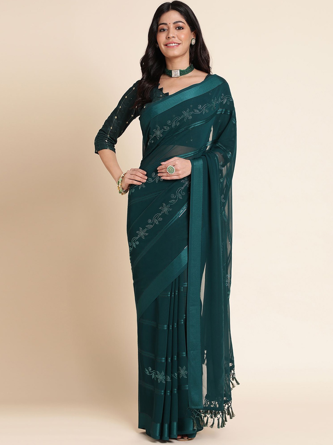 Mitera Floral Beads And Stones Pure Georgette Saree, Green