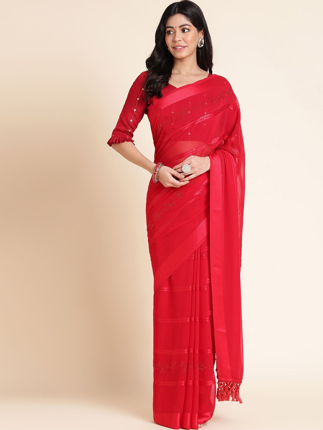 

Mitera Red Floral Beads and Stones Pure Georgette Saree