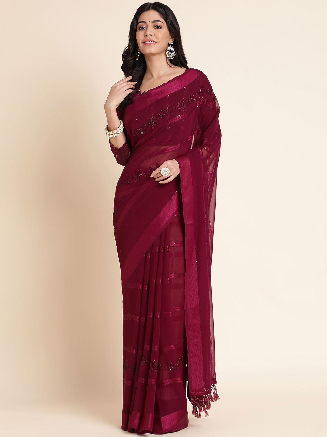 

Mitera Embellished Pure Georgette Saree, Burgundy