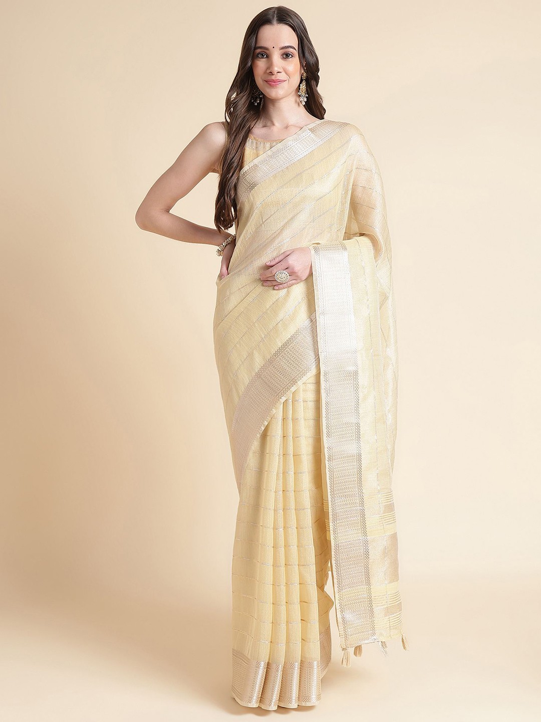 

Mitera Striped Zari Organza Saree, Yellow