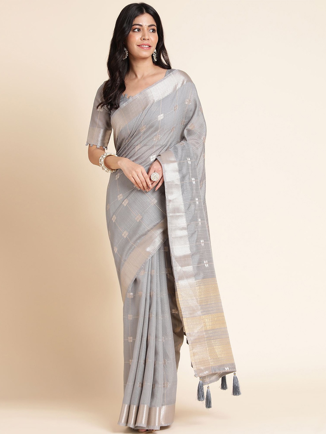 

Mitera Checked Woven Design Zari Organza Saree, Grey