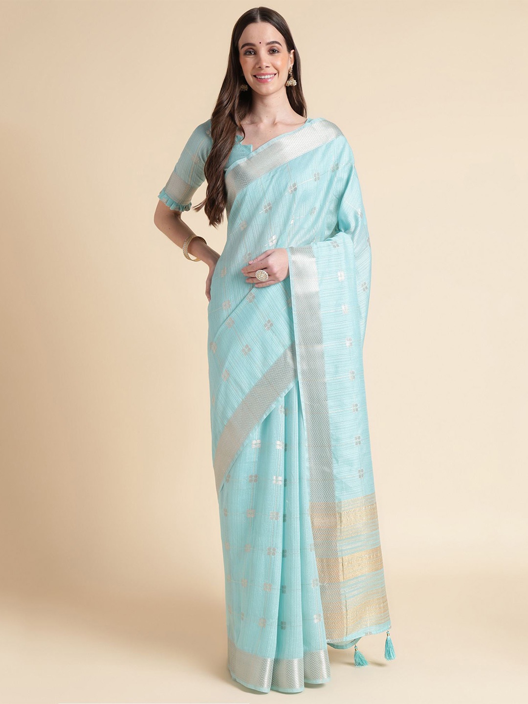 

Mitera Blue & Gold-Toned Ethnic Motifs Woven Design Zari Organza Saree