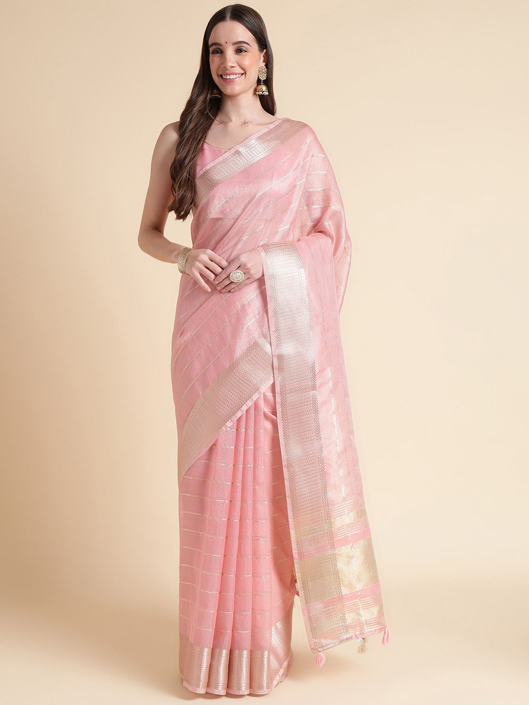 

Mitera Pink & Gold-Toned Striped Woven Design Zari Pure Organza Saree