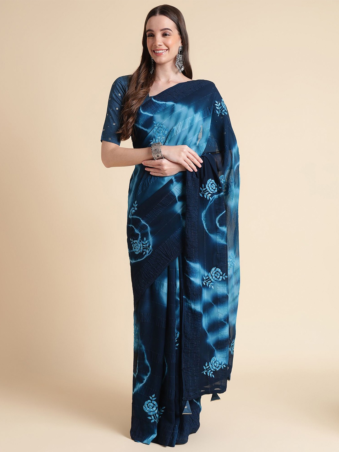 

Mitera Blue Tie And Dye Sequinned Pure Georgette Saree