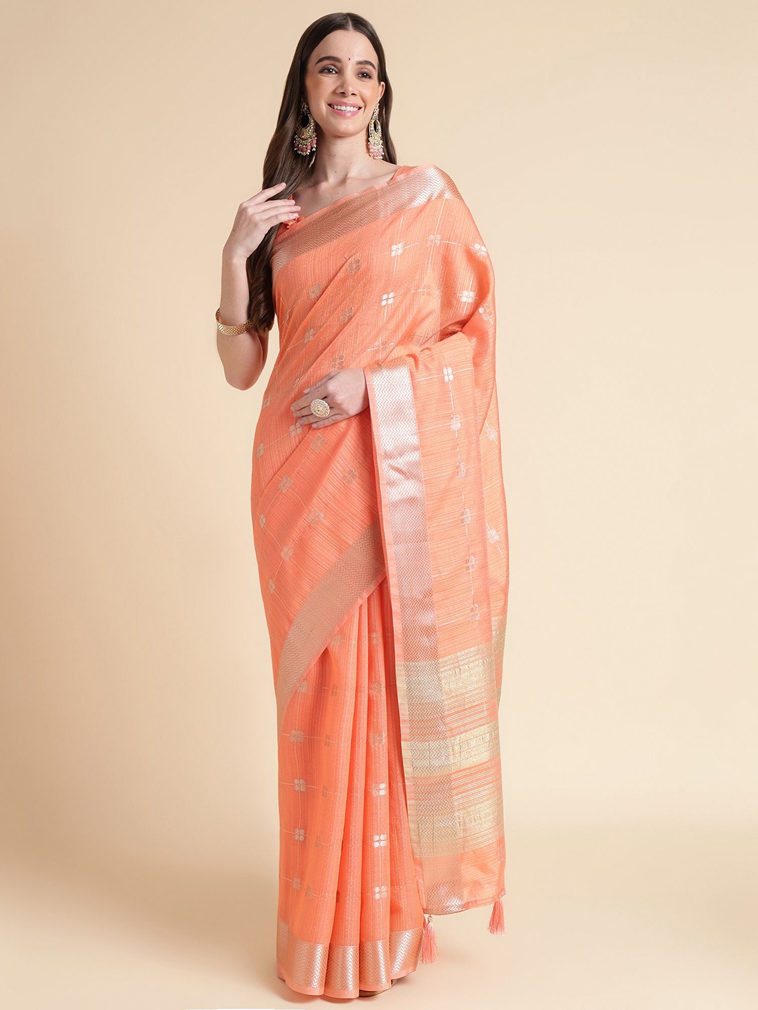 

Mitera Orange & Gold Toned Printed Ethnic Motifs Zari Organza Saree