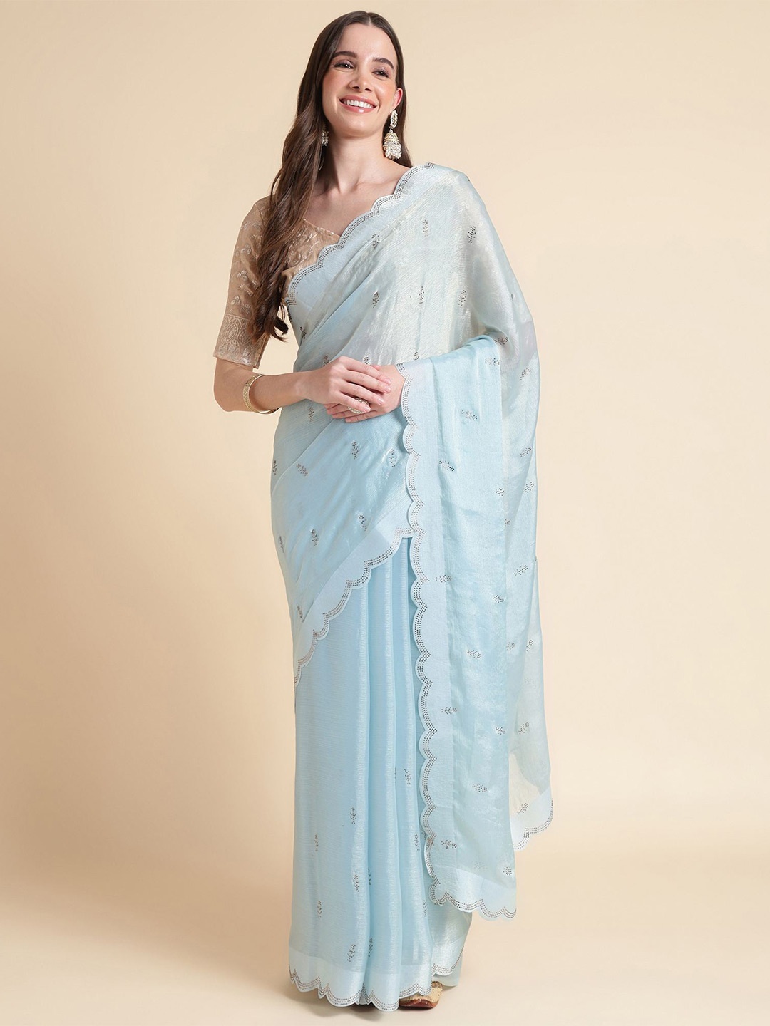 

Mitera Blue Embellished Beads and Stones Pure Chiffon Saree