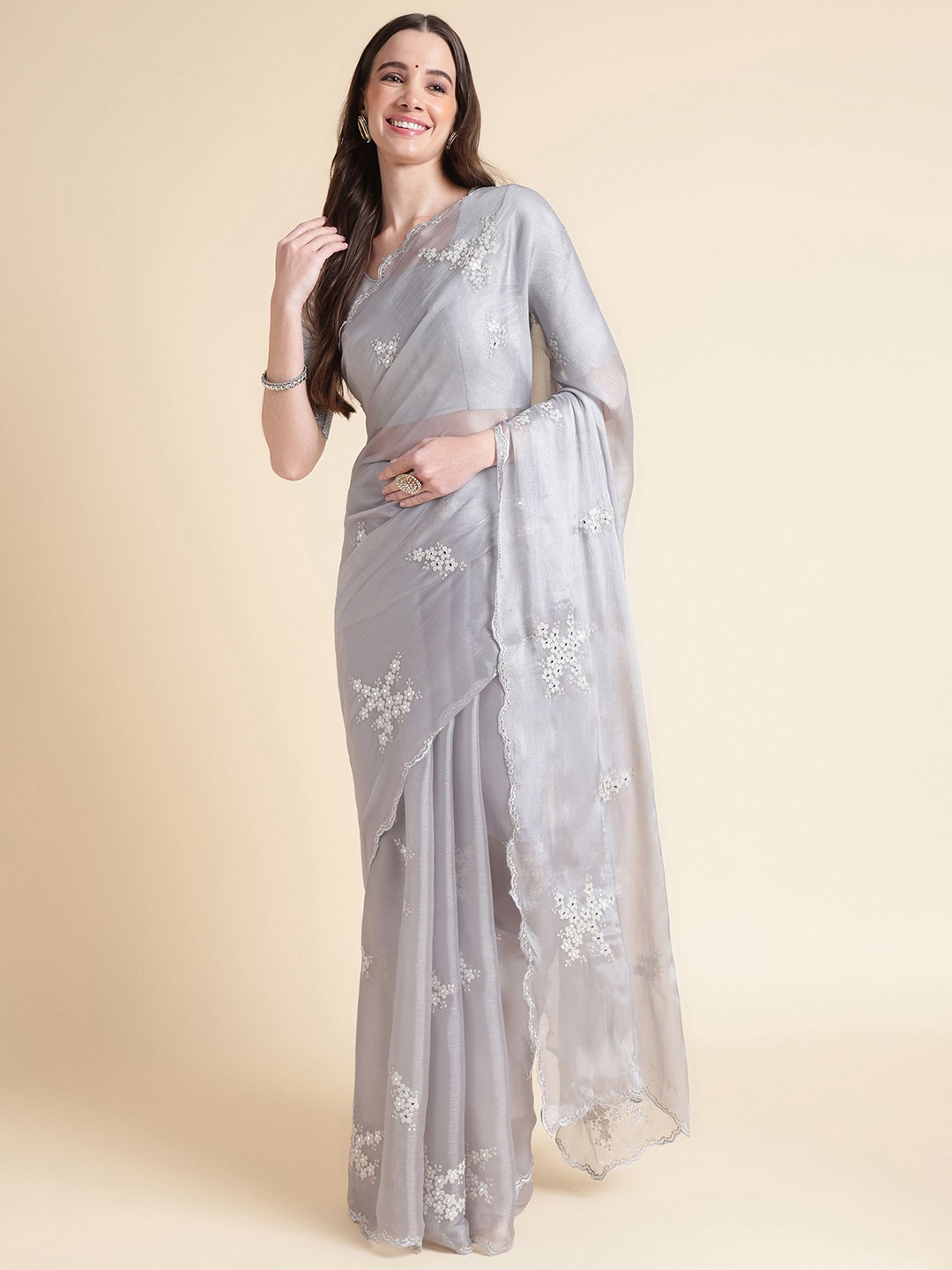 

Mitera Floral Sequence Embellished Organza Saree, Grey