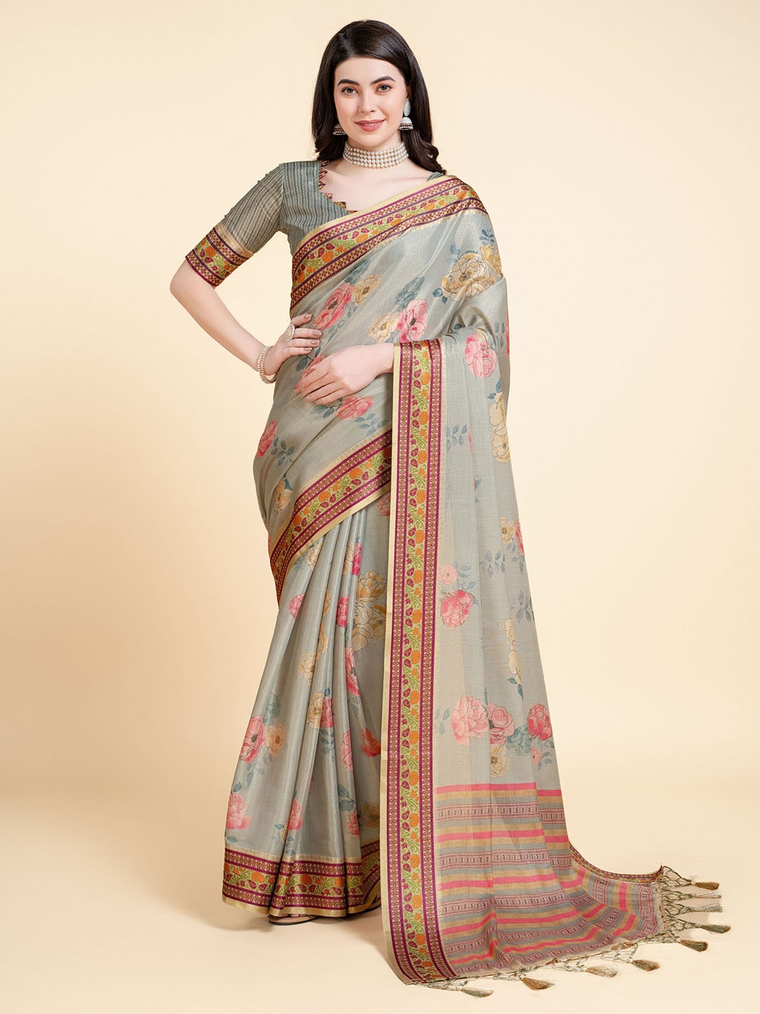 

Mitera Floral Pure Silk Saree, Grey