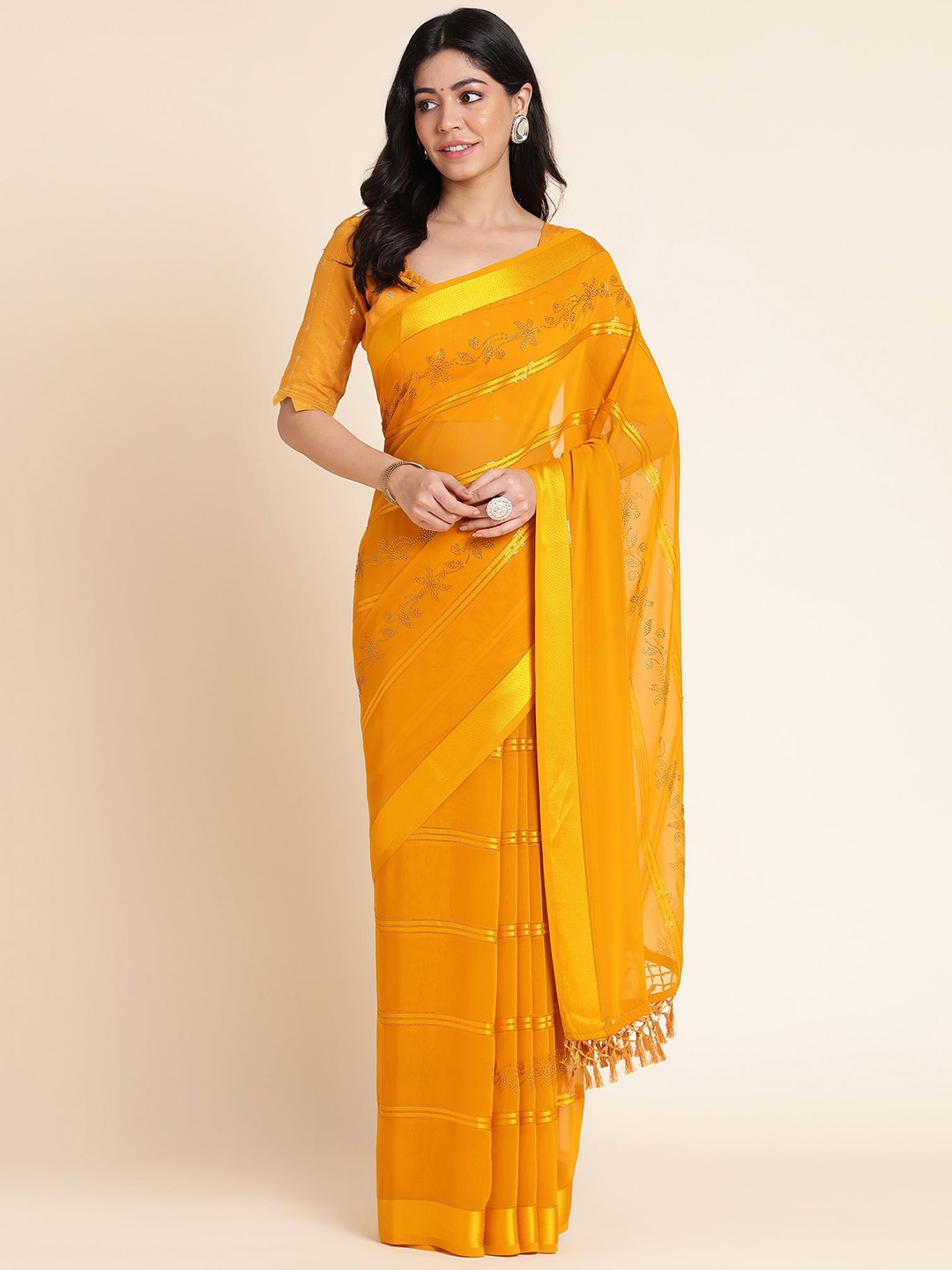 

Mitera Floral Printed Beads And Stones Embellished Pure Georgette Saree, Yellow