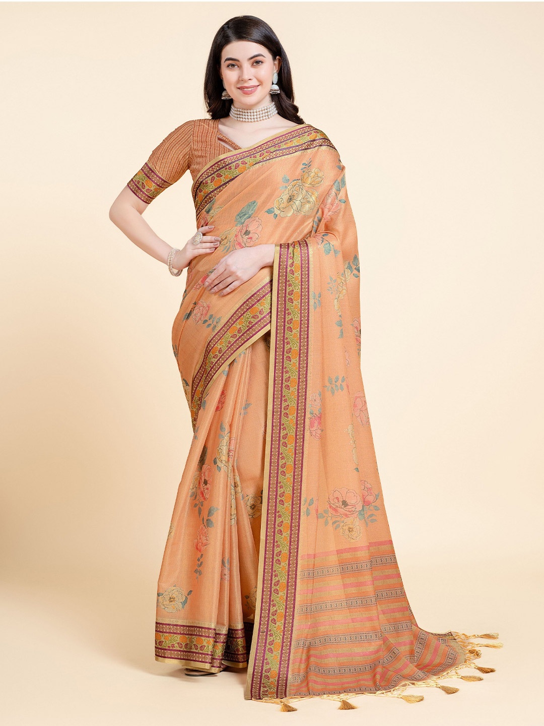 

Mitera Floral Printed Pure Silk Zari Saree, Orange