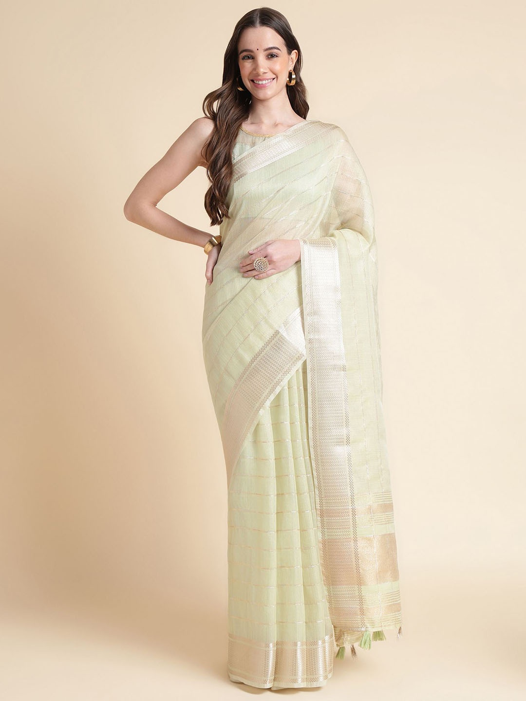 

Mitera Striped Zari Organza Saree, Green