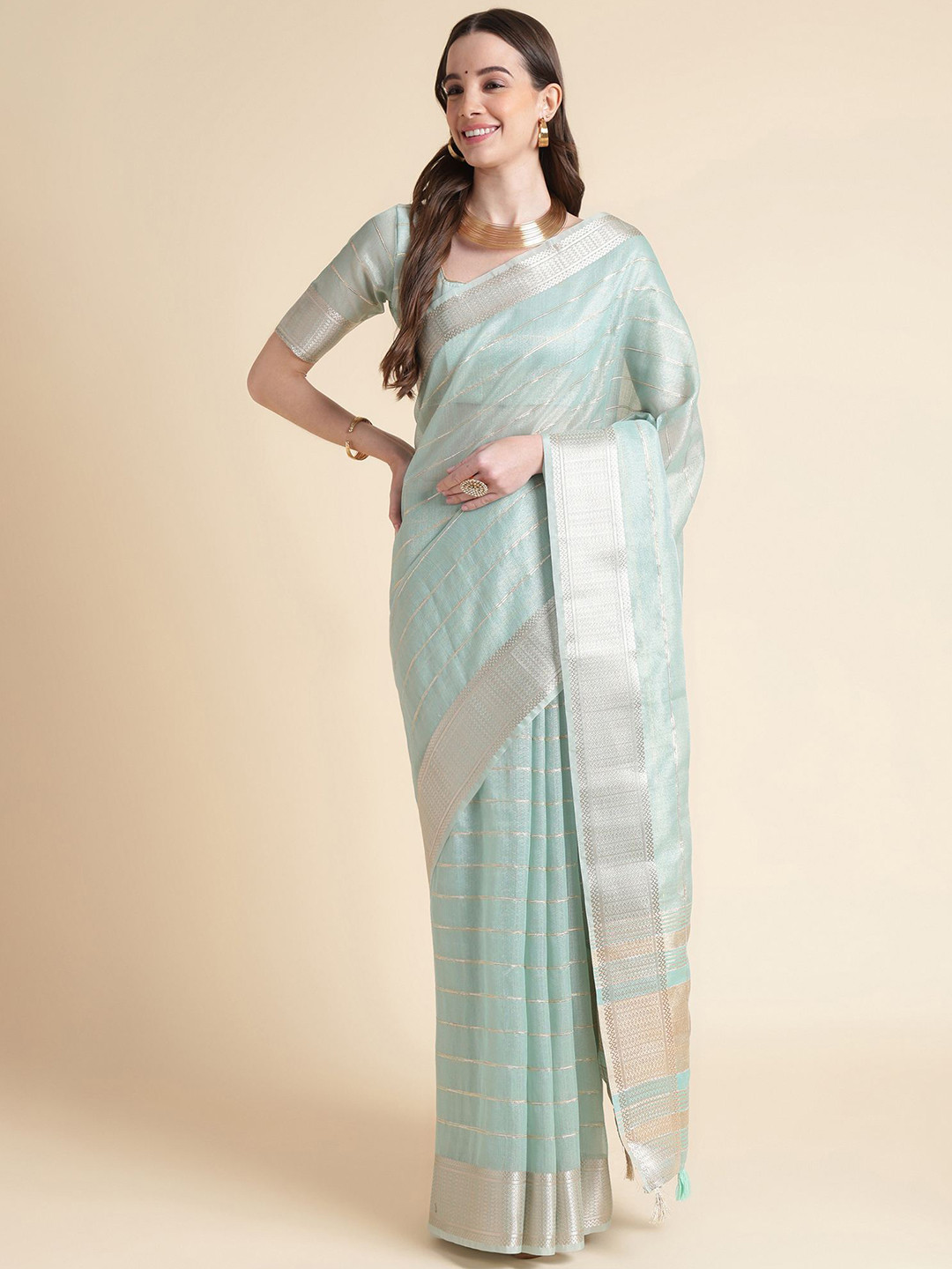 

Mitera Striped Zari Organza Saree, Teal