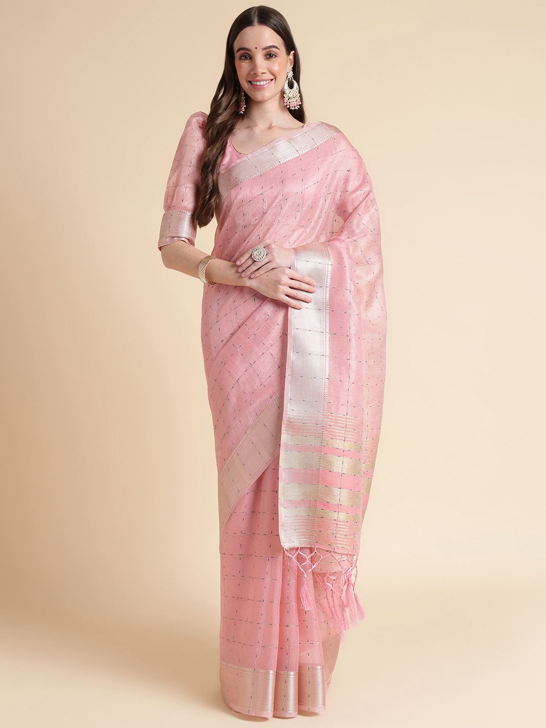 

Mitera Checked Zari Organza Saree, Pink