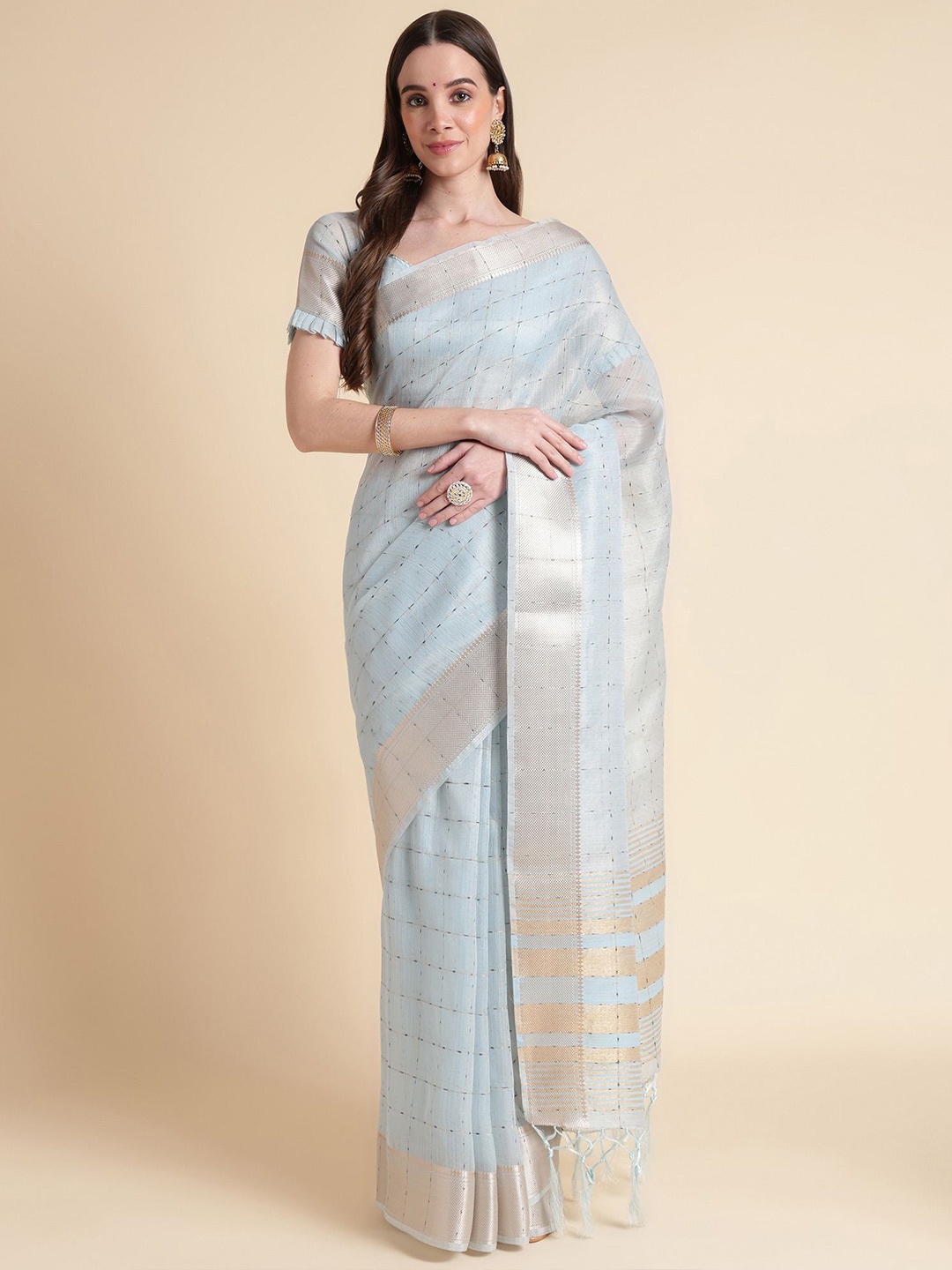 

Mitera Blue & Gold-Toned Checked Woven Design Zari Pure Organza Saree