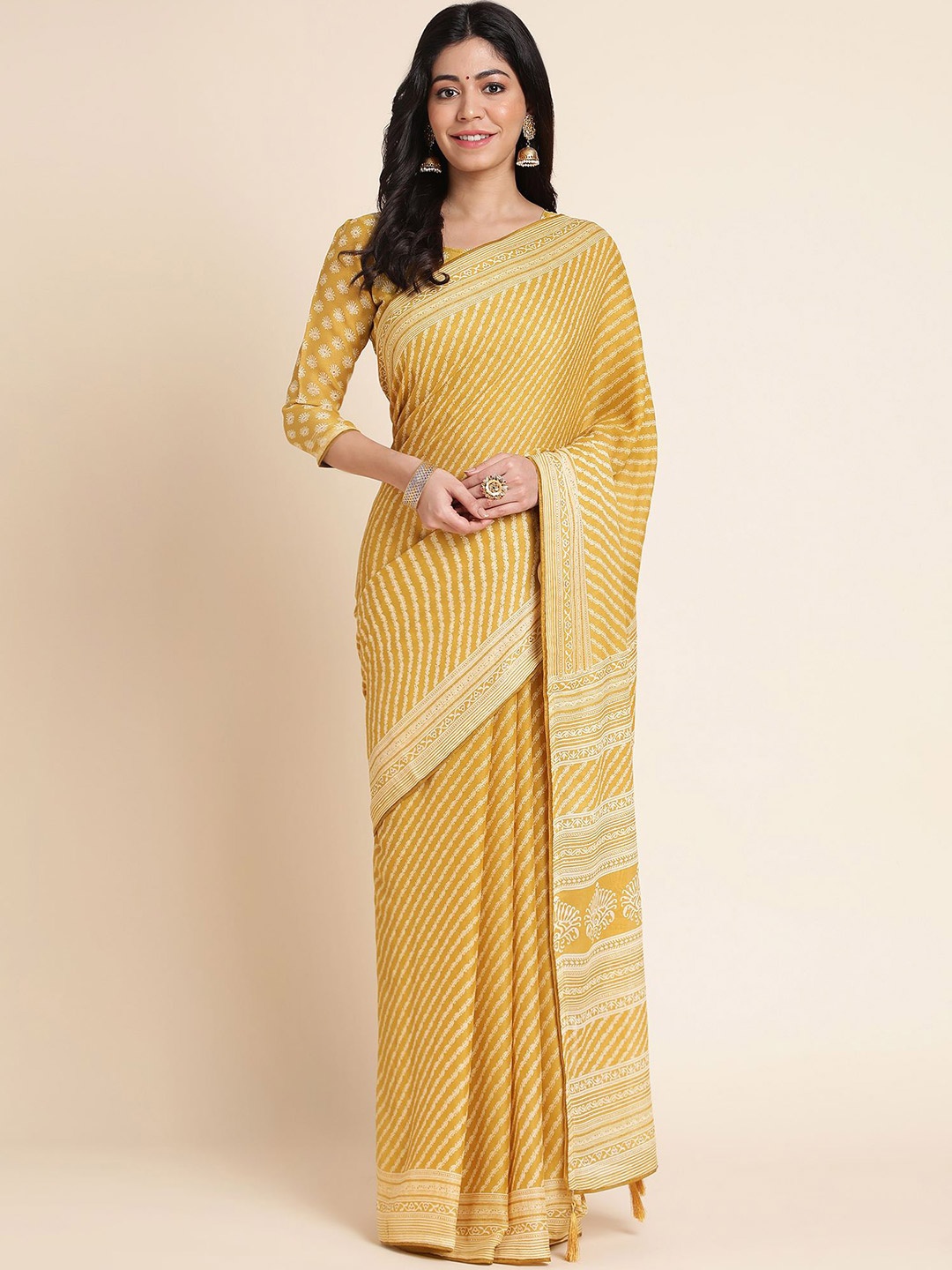 

Mitera Yellow Striped Printed Saree