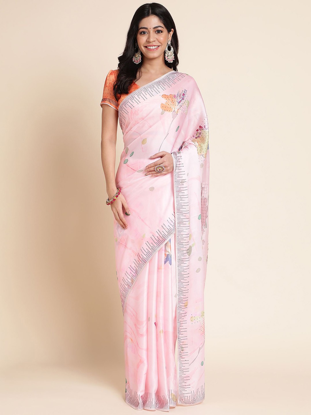 

Mitera Pink & Green Floral Printed Beads and Stones Saree
