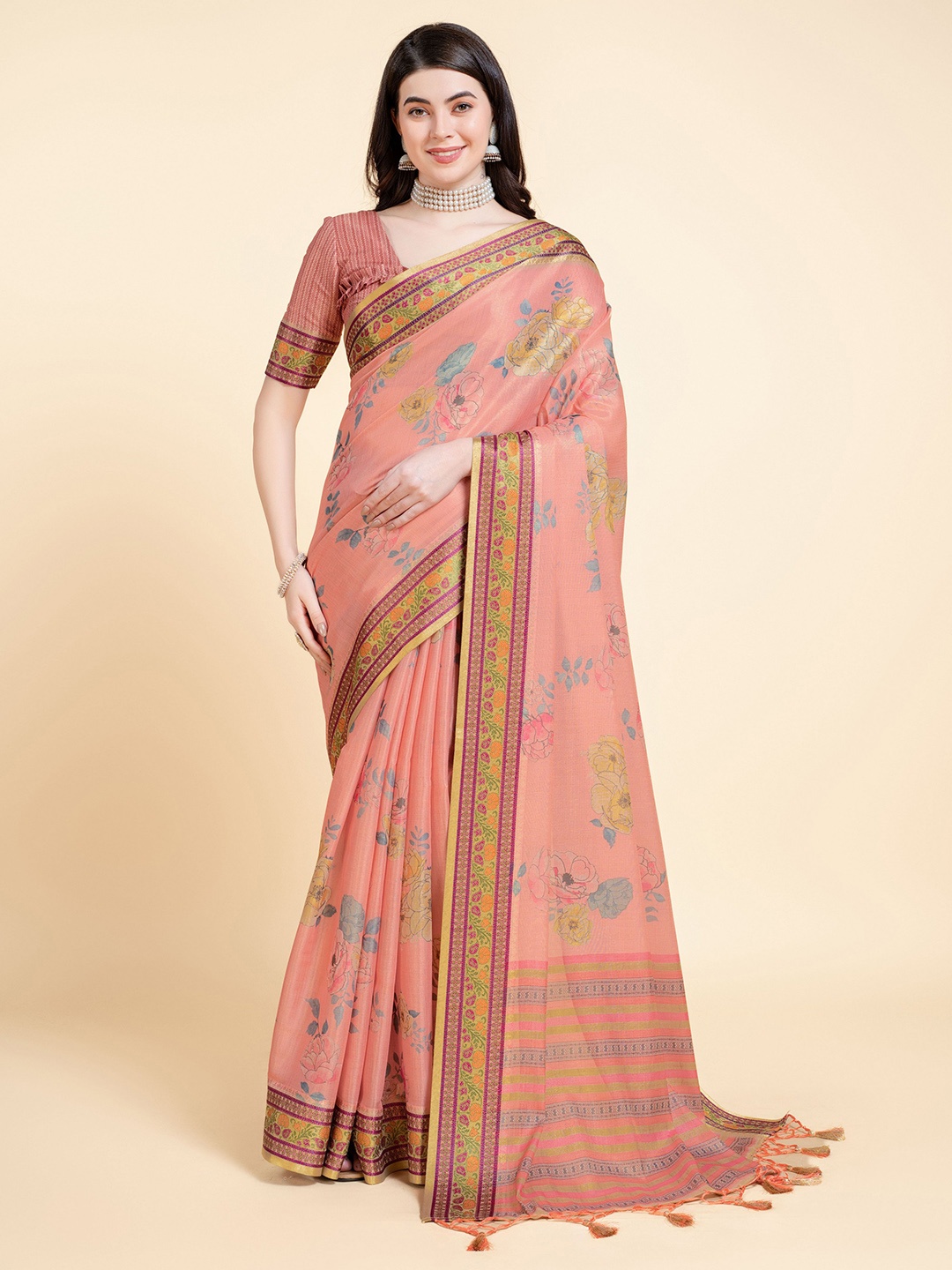 

Mitera Peach Coloured & Green Woven Design Floral Printed Pure Silk Saree