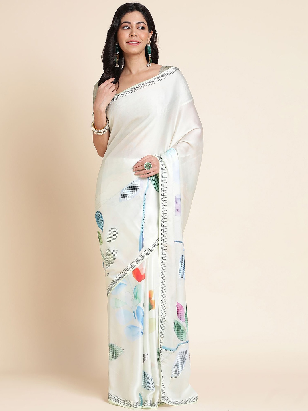 

Mitera Floral Printed Beads and Stones Embellished Satin Georgette Saree, Off white