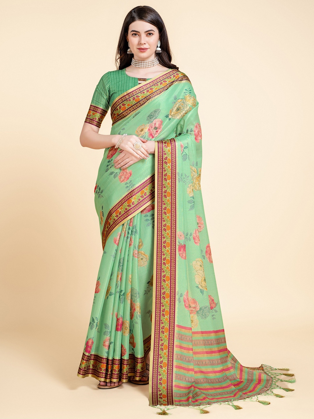 

Mitera Floral Printed Pure Silk Saree, Green