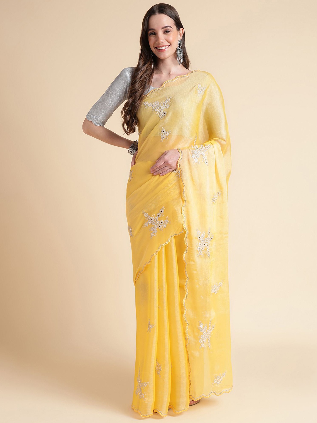 

Mitera Floral Embroidered Organza Saree, Yellow