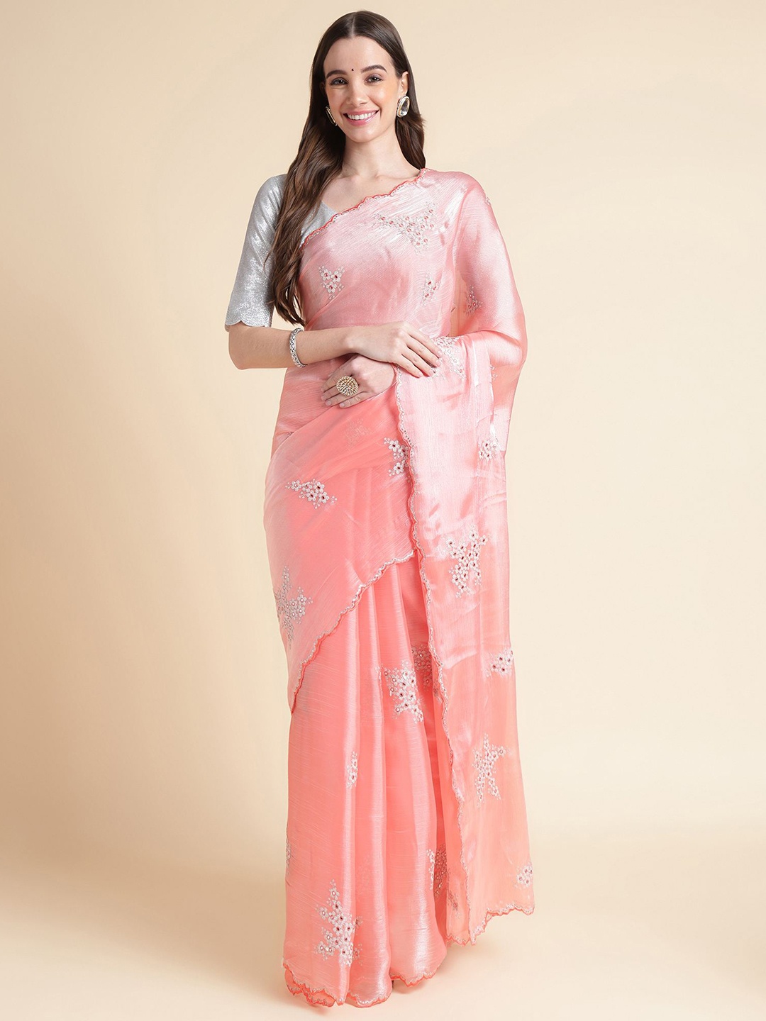 

Mitera Peach Coloured Floral Sequinned Embroidered Organza Saree
