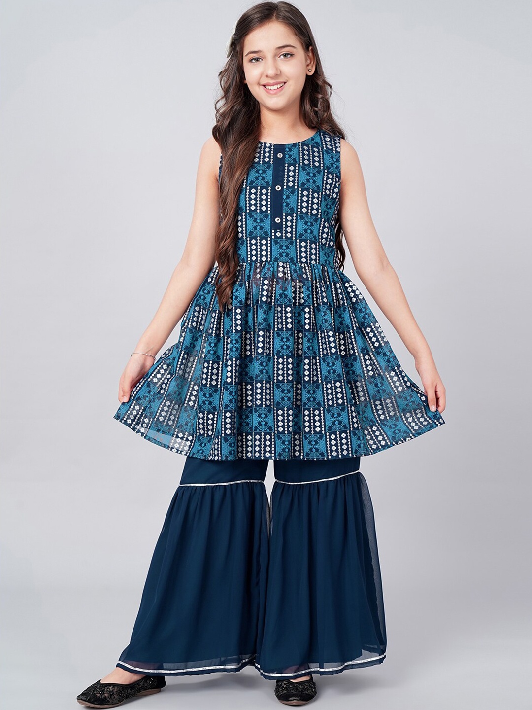 

BAESD Girls Ethnic Motifs Printed Regular Gotta Patti Kurta With Sharara, Blue