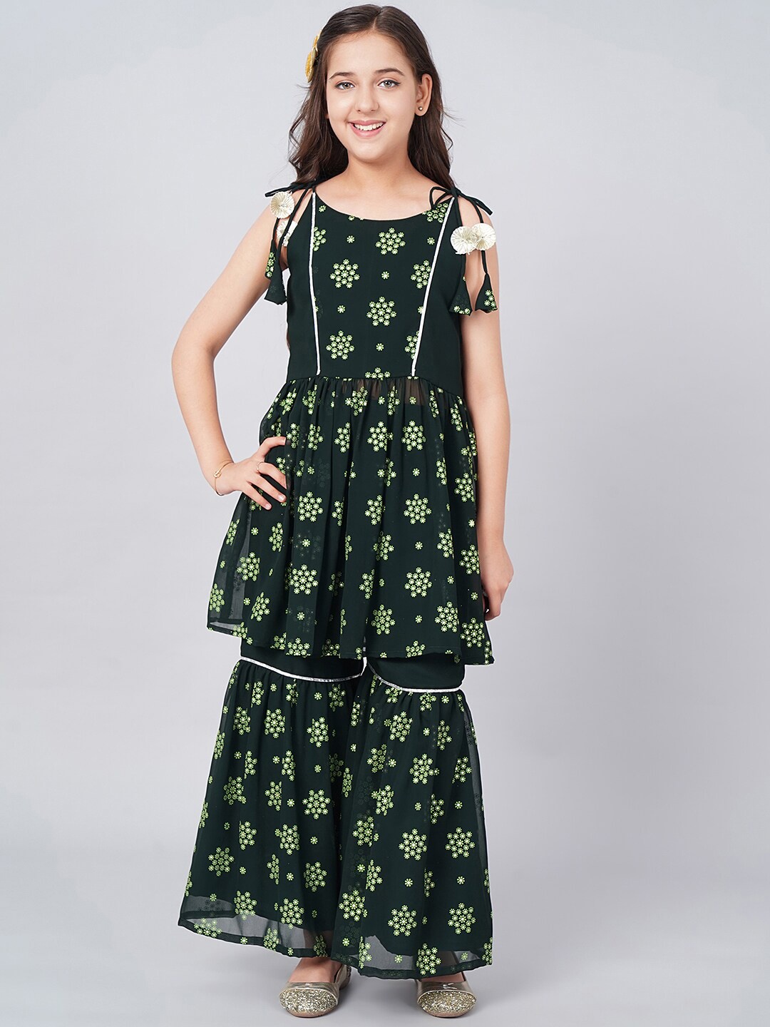 

BAESD Girls Floral Printed Shoulder Strap A-Line With Pleated Georgette Kurta With Sharara, Green