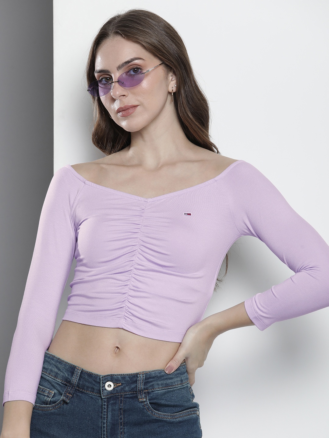 

Tommy Hilfiger Solid Off-Shoulder Ruched Crop Top, Lavender