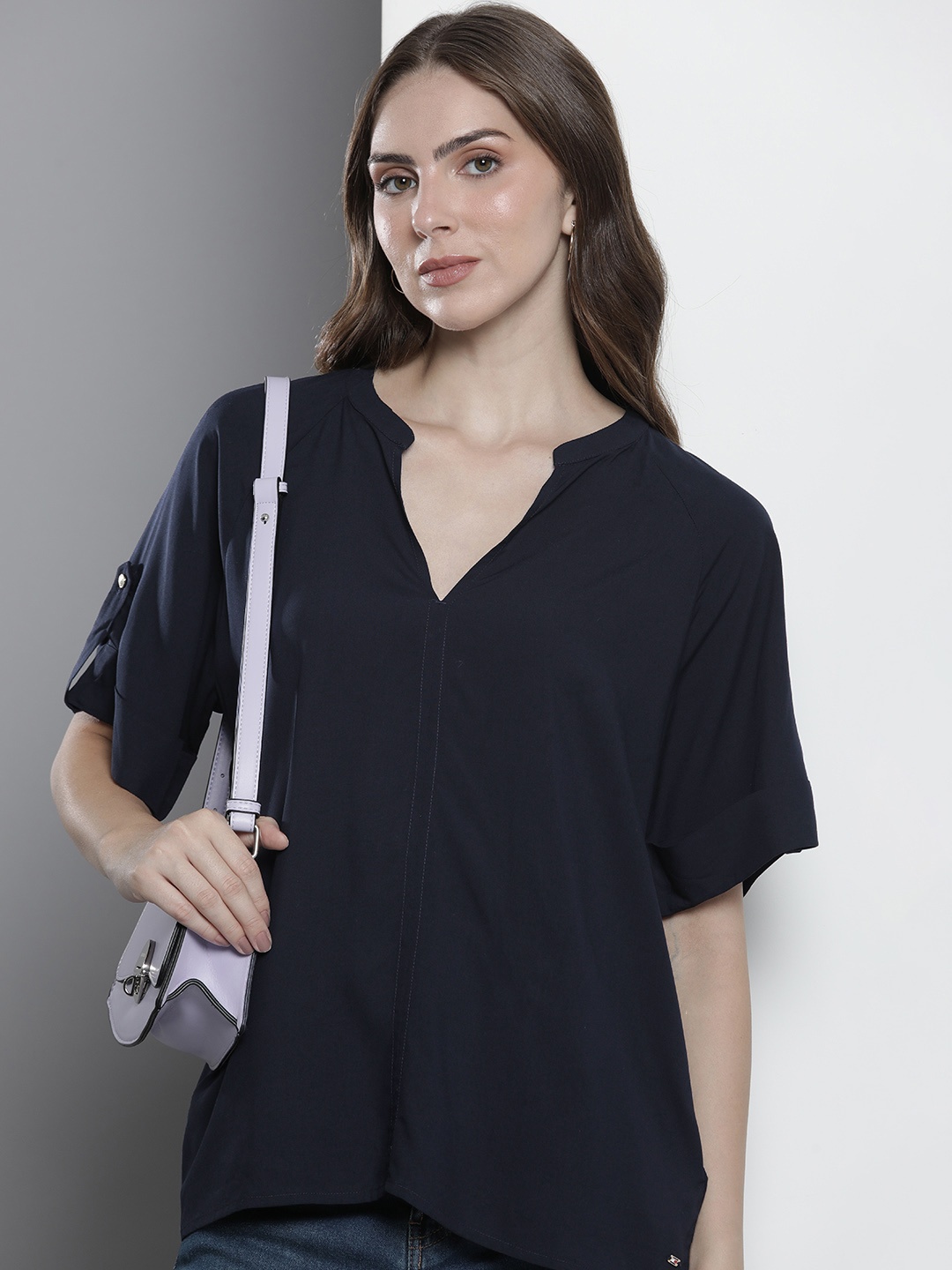 

Tommy Hilfiger Solid Roll-Up Sleeves Top, Navy blue