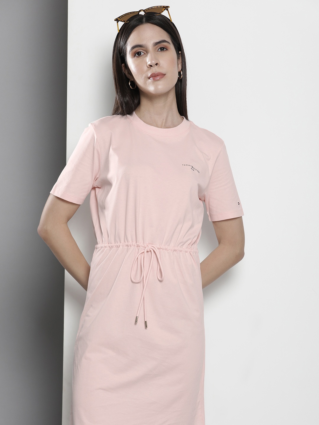 

Tommy Hilfiger Solid Pure Cotton A-Line Dress With Tie-up Detail, Peach