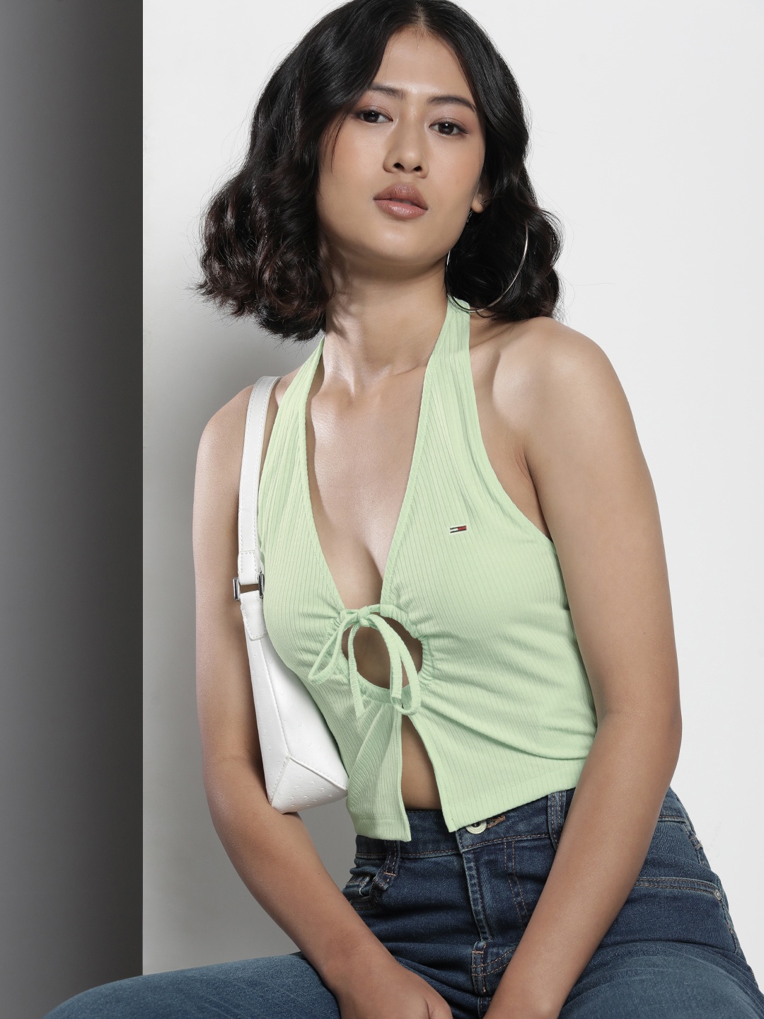 

Tommy Hilfiger Halter Neck Gathered Ribbed Crop Top, Green
