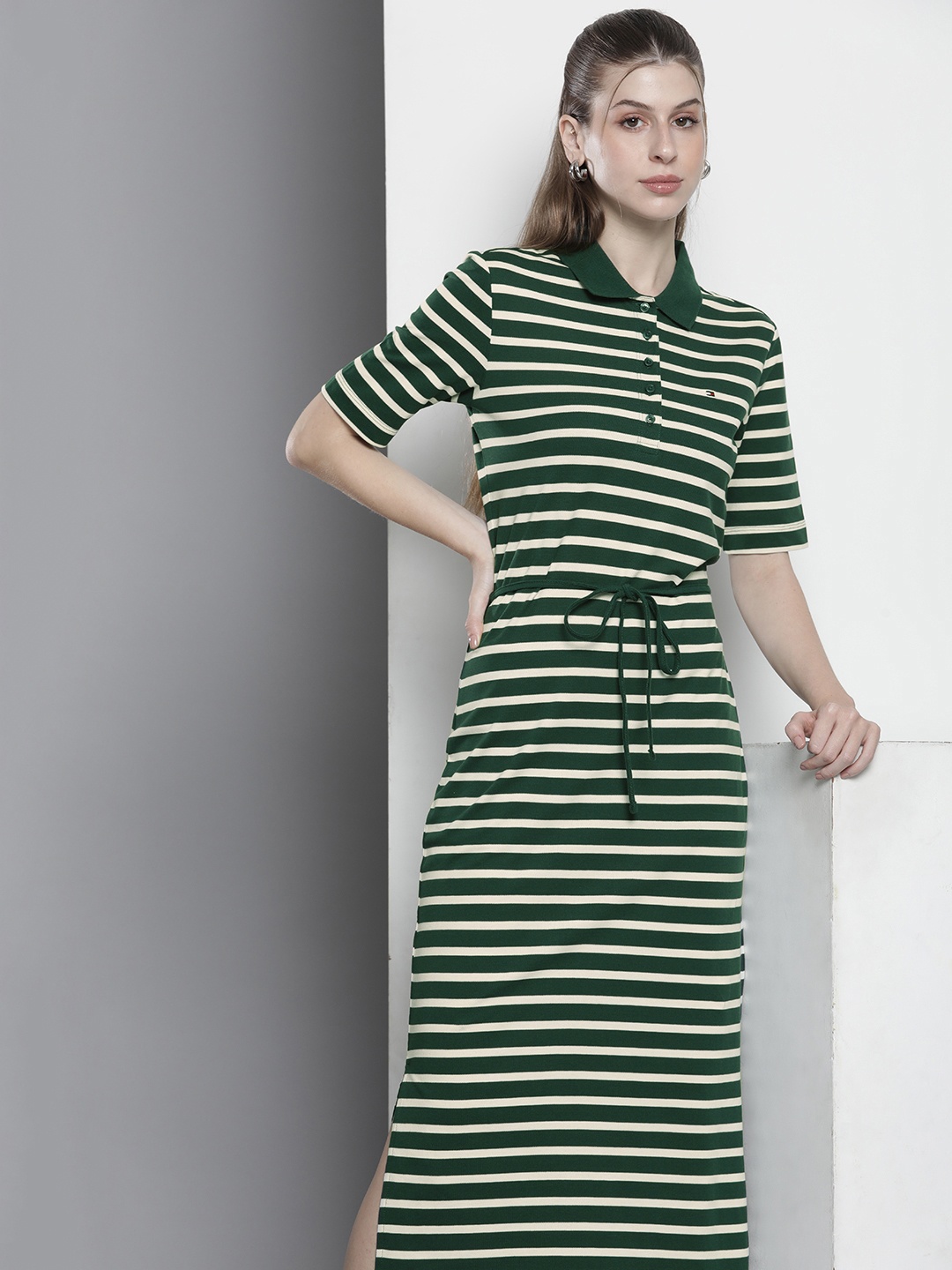 

Tommy Hilfiger Striped T-shirt Midi Dress With Tie-up Detail, Green