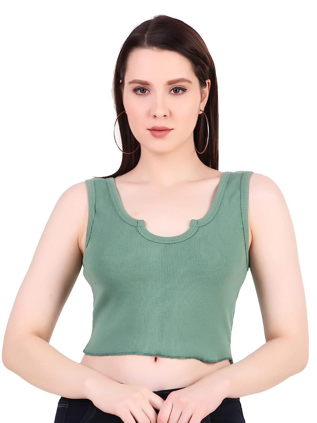 

BAESD Ribbed Scoop Neck Sleeveless Cotton Fitted Crop Top, Green