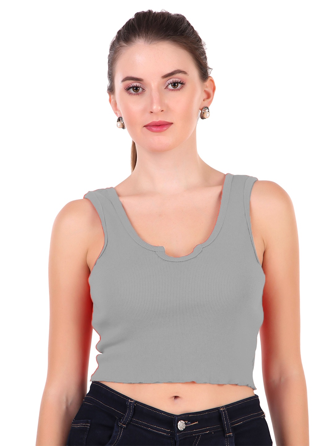 

BAESD Grey Scoop Neck Sleeveless Cotton Fitted Crop Top