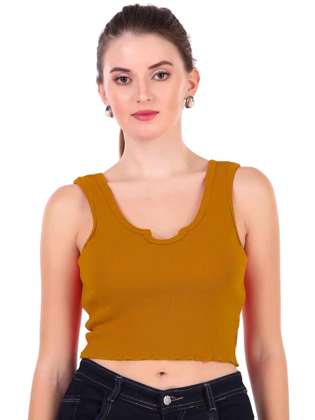 

BAESD Scoop Neck Cotton Fitted Crop Top, Mustard