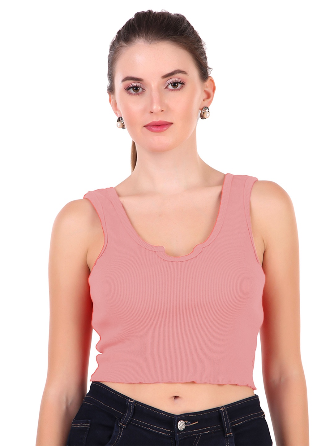 

BAESD Scoop Neck Sleeveless Cotton Fitted Crop Top, Peach