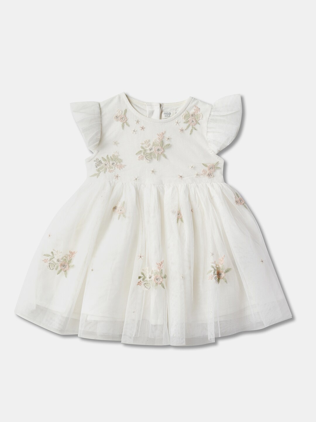 

R&B Girls Floral Embroidered Flutter Sleeves Fit & Flare Dress, White