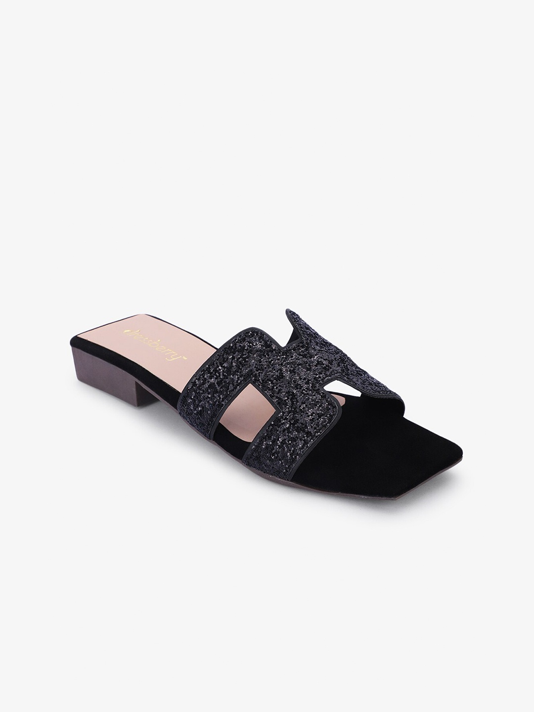 

DressBerry Embellished Open Toe Flats, Black
